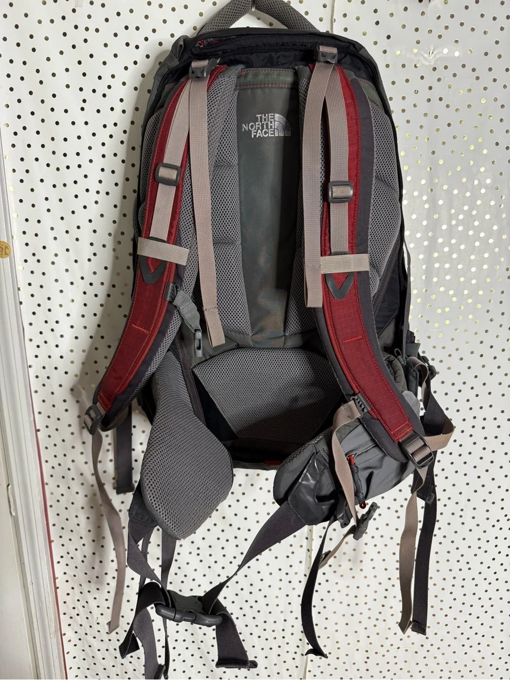 The North Face Black and Gray Men's Backpack with Red Accents
